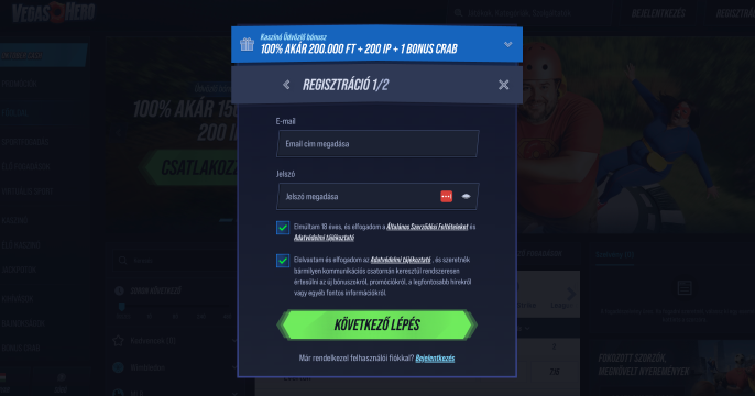 Regisztráció a Vegashero oldalán